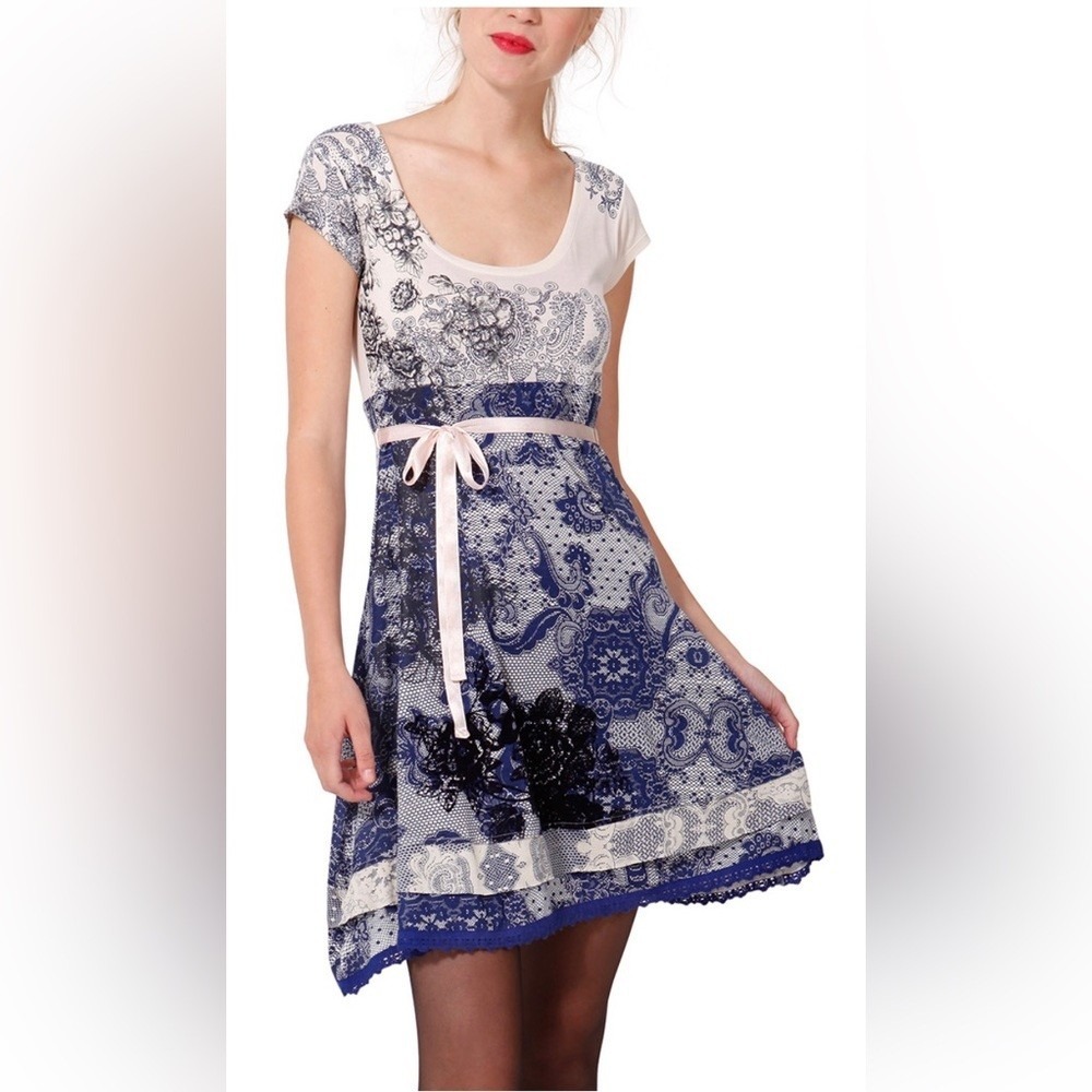 Desigual Womens Cream Blue Paisley Lace Print Tunic Dress Size‎ M NWT